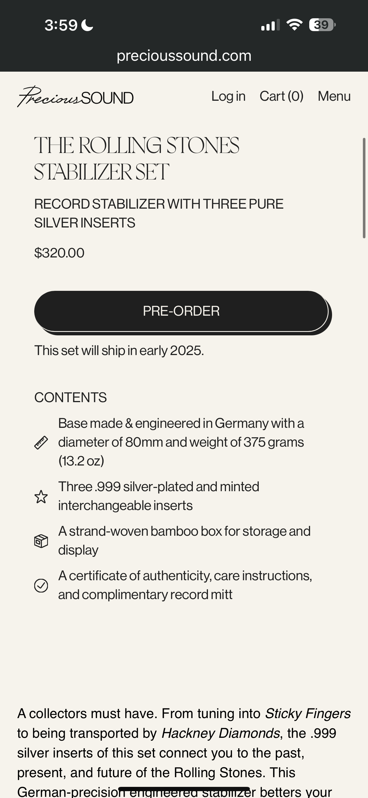 THE ROLLING STONES STABILIZER SET RECORD STABILIZER WITH THREE PURE SILVER INSERTS