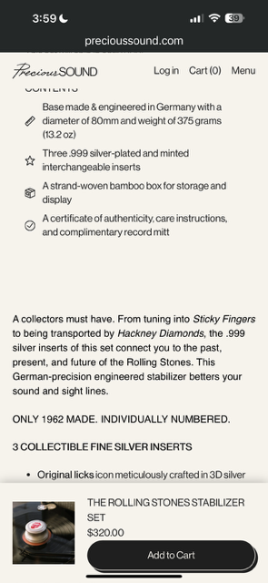 THE ROLLING STONES STABILIZER SET RECORD STABILIZER WITH THREE PURE SILVER INSERTS