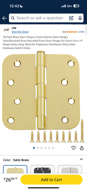 18 Pack Brass Door Hinges 4 Inch Exterior Door Hinges Satin/Brushed Brass Rounded Front Door Hinges for Doors 4 in x 4" Hinge Heavy Duty Steel