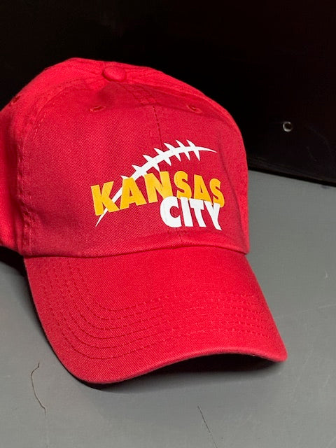 Kansas City Football Laces- Unstructured Adult Baseball Cap Hat (Red)