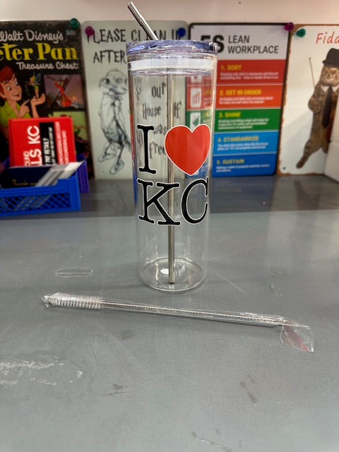 I Love KC - Clear Glass Tumbler With Stainless Steel Straw